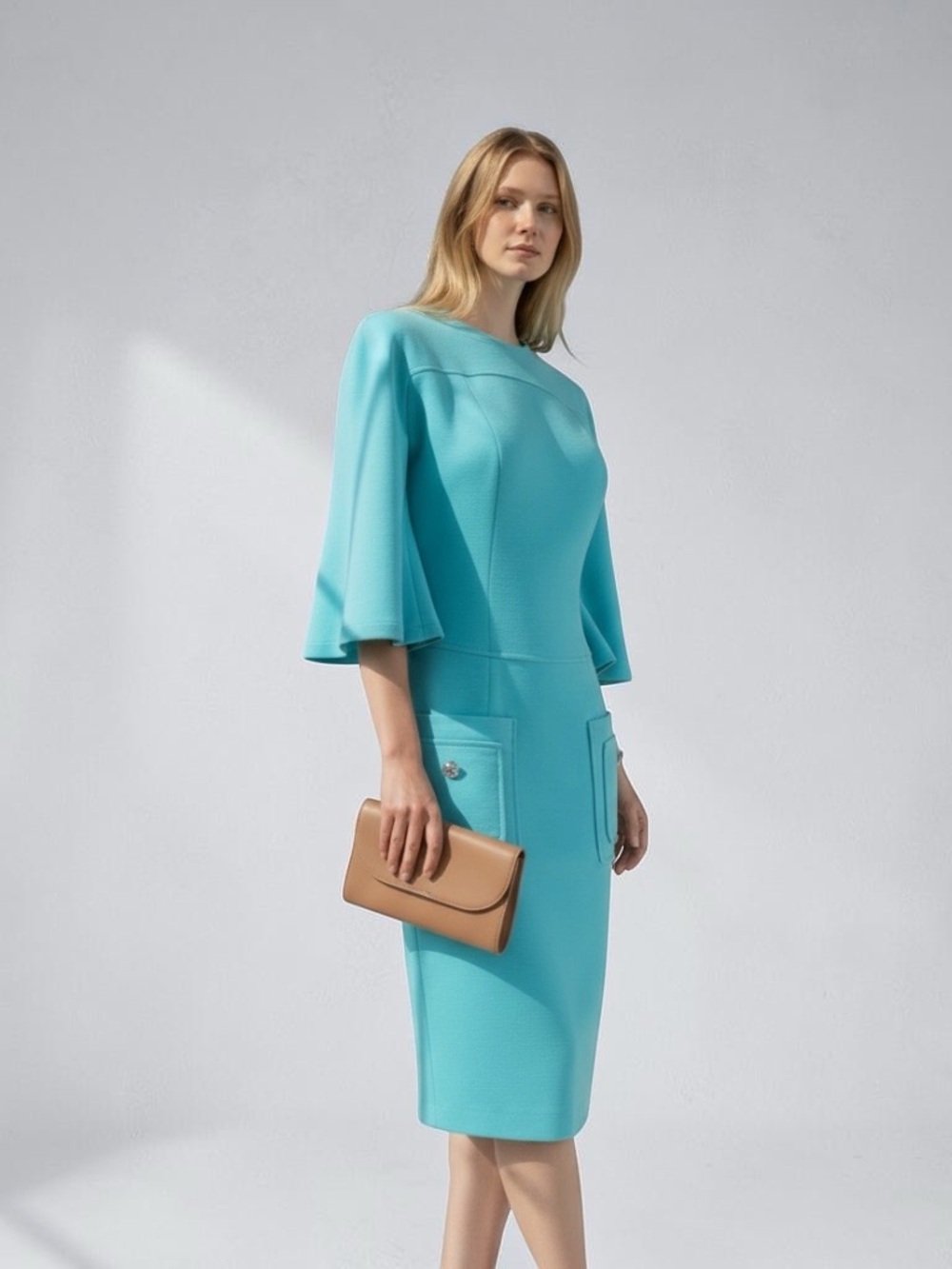 Sleek Turquoise Midi Dress with Flared Sleeves Size 34